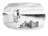Couple walking down beach approach a sand castle with a miniature Trojan h… - New Yorker Cartoon Premium Giclee Print by Harry Bliss