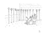Man picks out a haircut he wants by pointing to one in a long line of head… - New Yorker Cartoon Premium Giclee Print by Paul Noth