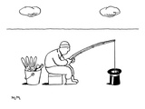 A man fishes for rabbits in a magician's hat. In a nearby bucket, there ar… - New Yorker Cartoon Premium Giclee Print by Matthew Martin
