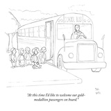 "At this time I'd like to welcome our gold-medallion passengers on board." - New Yorker Cartoon Premium Giclee Print by Paul Noth