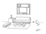 A cat stares at a square mouse hole in a room made entirely of square furn… - New Yorker Cartoon Premium Giclee Print by Eric Lewis