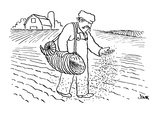 farmer sowing seed by hand from over-shoulder cornucopia - Cartoon Premium Giclee Print by John Jonik