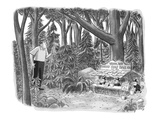 Golfer looking for his golf ball in the woods comes across gnomes running … - New Yorker Cartoon Premium Giclee Print by Robert J. Day