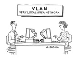 Sign above computer workstations reads: 'VLAN Very Local Area Network' - Cartoon Premium Giclee Print by Aaron Bacall