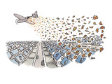 Autumn's leaves falling from airplane onto suburbs - Cartoon Premium Giclee Print by John Jonik