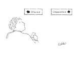 A man, trying to decide where to go, stands in front of two signs; one sig… - Cartoon Premium Giclee Print by Carole Cable