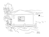 Woman driving a boat into a boat house, and crashes through the other side. - New Yorker Cartoon Premium Giclee Print by Chon Day