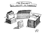 A table is seen covered with books relating to internet-only content, such… - New Yorker Cartoon Premium Giclee Print by Farley Katz