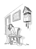 woman looks at cuckoo clock on wall which has chain weights coming out of … - Cartoon Premium Giclee Print by John Jonik