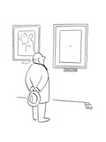 man stares at a painting in a gallery which is a black dot on a white fiel… - Cartoon Premium Giclee Print by Chon Day