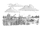 the Devil is hunting at a lake; wooden decoy angel is sitting in an inner … - Cartoon Premium Giclee Print by John Jonik