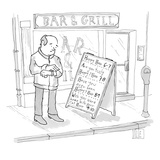 A man outside a bar checks his watch and reads the sign, "Happy Hour 6-7 /… - New Yorker Cartoon Premium Giclee Print by Isaac Littlejohn Eddy