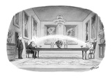 Woman at end of long dinner table flicks a piece of food with her spoon an… - New Yorker Cartoon Premium Giclee Print by Harry Bliss