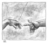 God's hand touching Adam's hand a la Sistine Chapel ceiling, with addition… - New Yorker Cartoon Premium Giclee Print by John Kane