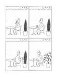 Man in sidewalk cafe tosses out his drink into a potted shrub; the plant s… - New Yorker Cartoon Premium Giclee Print by Otto Soglow