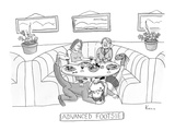Man and woman embrace under restaurant table while holding their disguised… - New Yorker Cartoon Premium Giclee Print by Zachary Kanin