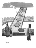 Travelers at international airport baggage claim watch as a cow descends w… - New Yorker Cartoon Premium Giclee Print by Harry Bliss