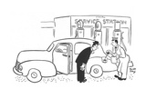 Gas station attendant filling gas tank with eye dropper. - New Yorker Cartoon Premium Giclee Print by Robert J. Day