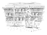 A man at a bookstore stands near three shelves: "self-improvement," "self-… - New Yorker Cartoon Premium Giclee Print by Barbara Smaller