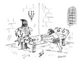 A prisoner is seen stretching on a torture rack next to an anxious looking… - New Yorker Cartoon Premium Giclee Print by David Sipress