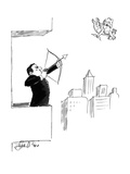 A businessman on a balcony takes aim at Cupid with a bow and arrow. - New Yorker Cartoon Premium Giclee Print by Edward Frascino