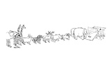 Two-page drawing showing pairs of animals in line to the ark with two snai… - New Yorker Cartoon Premium Giclee Print by Mischa Richter