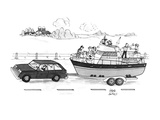A boat filled with people drinking & laughing is being towed through the c… - New Yorker Cartoon Premium Giclee Print by Joseph Farris