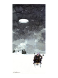 Man fishes through hole in ice on a lake; in the dark wintery sky above hi… - New Yorker Cartoon Premium Giclee Print by Gideon Amichay