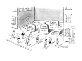 Tombstones fill a gap in a block where a large building once was; the empt… - New Yorker Cartoon Premium Giclee Print by Mischa Richter