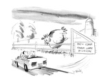 A giant chicken looks over a fence as if it were a cow, at a passing motor…" - New Yorker Cartoon Premium Giclee Print by Donald Reilly