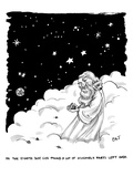 God stands in a cloud formation in space, and holds an some assembly part - New Yorker Cartoon Premium Giclee Print by Carolita Johnson