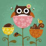 Owl, Squirrel and Hedgehog in Flowers Kunstdrucke von Nancy Lee