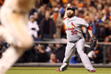 San Francisco, CA - Oct. 22: Giants v Cardinals - Jason Motte and Gregor Blanco Photographic Print by Christian Petersen