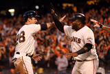 San Francisco, CA - Oct. 22: Giants v Cardinals - Buster Posey, Pablo Sandoval and Hunter Pence Photographic Print by Ezra Shaw