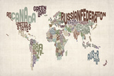 Text Map of the World Stretched Canvas Print by Michael Tompsett
