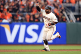 San Francisco, CA - Oct. 24:   Giants v Detroit Tigers - Pablo Sandoval  and Justin Verlander Photographic Print by Doug Pensinger