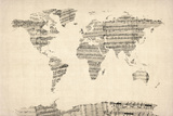 Map of the World Map from Old Sheet Music Stretched Canvas Print by Michael Tompsett