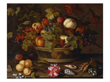 A Still Life of Grapes, Apples, a Peach and Plums in a Basket with Lily of Valley Reproduction procédé giclée par Balthasar van der Ast