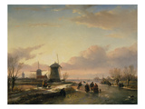 Wintery River Landscape with Skaters and Windmills Giclee Print by Jan Josef Spohler