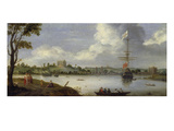 View from North-East onto Greenwich-Palace, with an Anchored Warship Giclee Print by Adriaen van Stalbemt