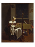 Woman Doing Needlework by Candlelight Giclee Print by Ludolf de Jonge