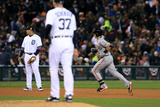 Detroit, MI - October 28: Detroit Tigers v San Francisco Giants - Buster Posey and Max Scherzer Photographic Print by Doug Pensinger