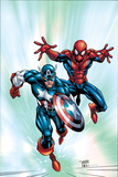 Marvel Age Team Up 2 Cover: Spider-Man and Captain America Fighting and Flying Prints by Randy Green