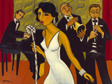 Ensemble with Green Curtain (Lady in White) Reproduction procédé giclée par Marsha Hammel