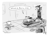 A greasy plate of pancakes, bacon, and eggs speaks to a cup of coffee, ban… - New Yorker Cartoon Premium Giclee Print by Farley Katz