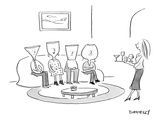 (A woman serves drinks on a tray of various cocktail glasses, to 4 guests … - New Yorker Cartoon Premium Giclee Print by Liza Donnelly