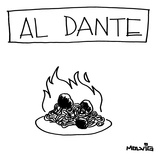 A plate of spaghetti and meatballs is burning in flames. Title: "Al Dante"… - New Yorker Cartoon Reproduction procédé giclée Premium par Ariel Molvig