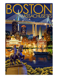 Boston, Massachusetts - Skyline at Night Prints by Lantern Press 