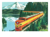 California - Southern Pacific Daylight Train Passing Mt Shasta Posters by Lantern Press 