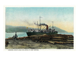Port Orford, Oregon - Logging Ship Loading Cedar Logs for Japan Posters by Lantern Press 